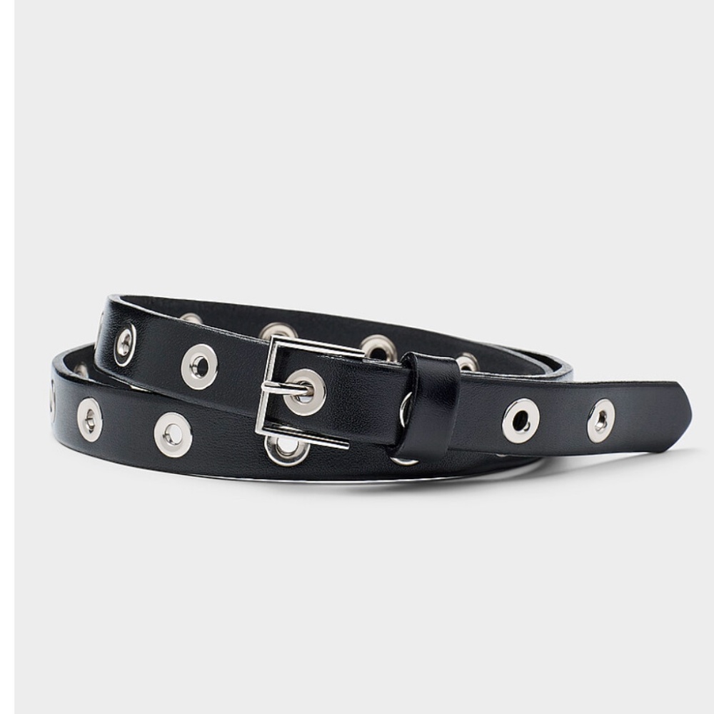 Black and silver metallic grommet real Italian leather thin belt made in Canada